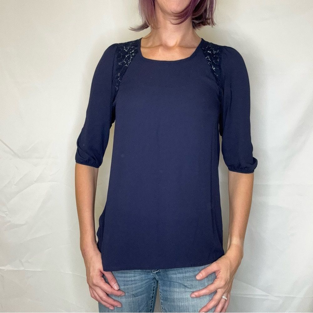 Women's Tea N Rose Navy Lace Inset Blouse Puff Shoulder Top M Medium